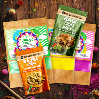 KARAT 25 Combo Pack of 3  Organic & Herbal Gulal 100g each (Yellow, Pink, & Green)+ Bajra Chips+  Ragi Chips