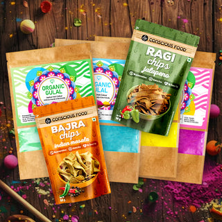 KARAT 25 All  Organic & Herbal Gulal Combo (Yellow, Blue, Pink, & Green) 100g each + Bajra Chips+  Ragi Chips