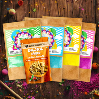 KARAT 25 All  Organic & Herbal Gulal Combo 100g each (Yellow, Blue, Pink, & Green) + Bajra Chips