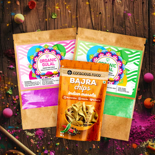 Combo Pack of 2 Karat 25 Organic & Herbal Green and  Pink Gulal  100g each + Bajra Chips