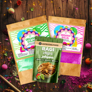 Combo Pack of 2 Karat 25 Organic & Herbal Green and  Pink Gulal  100g each + Ragi Chips