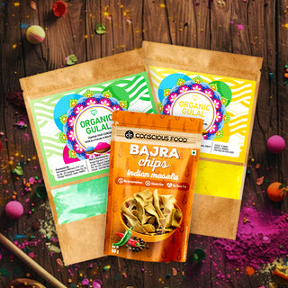 Combo Pack of 2 Karat 25 Organic & Herbal Green and  Yellow Gulal  100g each + Bajra Chips