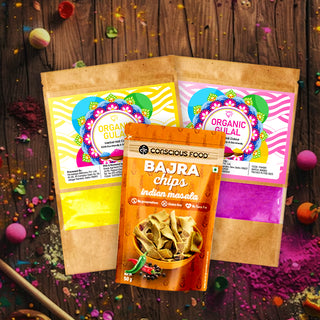 Combo Pack of 2 Karat 25 Organic & Herbal Yellow and Pink Gulal 100g each + Bajra Chips